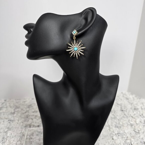 Adornia 14K Yellow Gold Plated Turquoise Swarovski Crystal Accented Starbursts - Picture 2 of 5